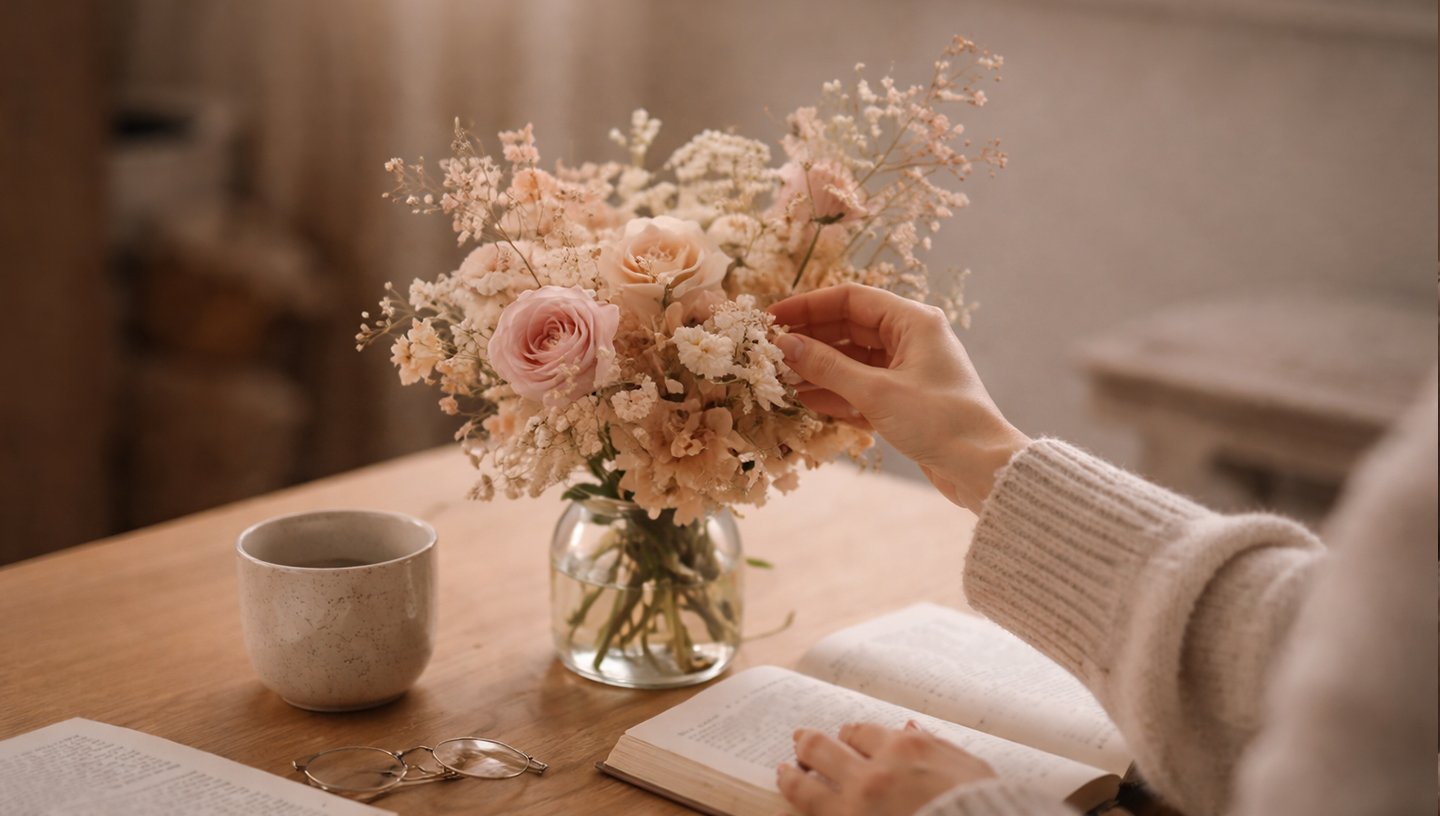 floral moments at home with preserved flowers in a calm living space