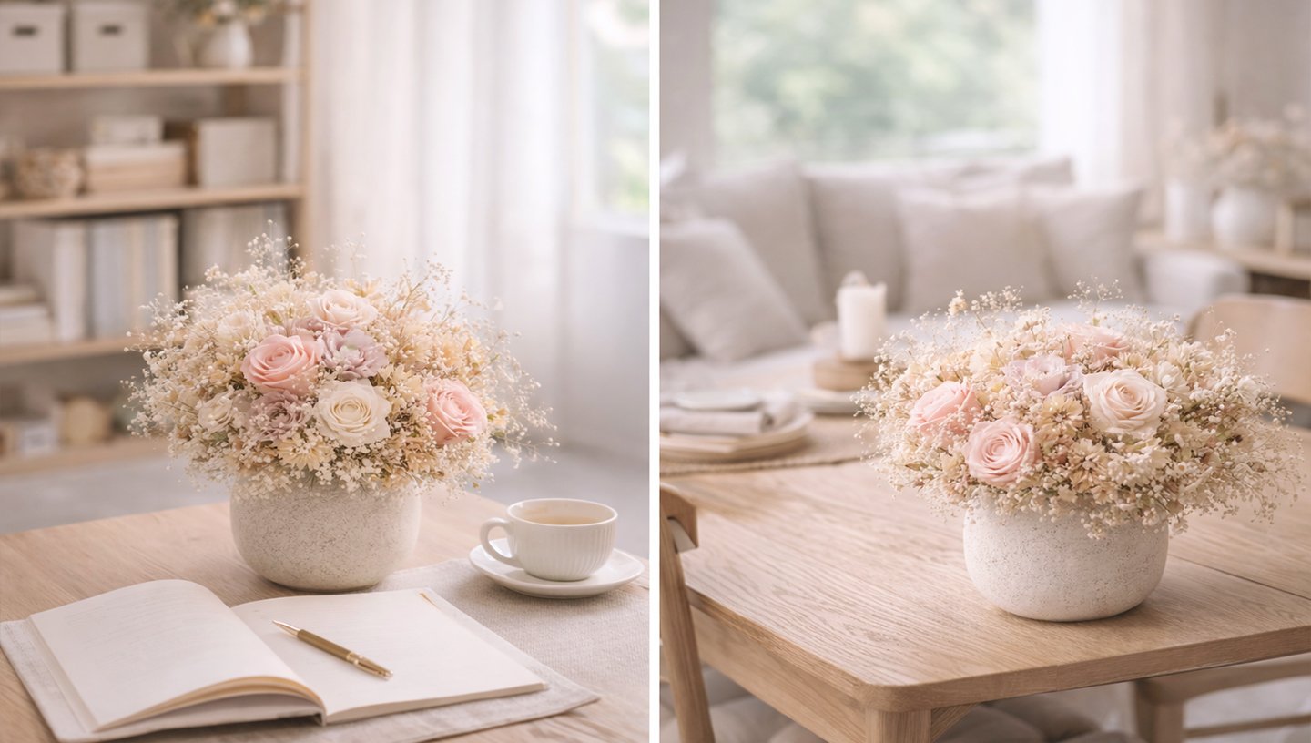 home floral styling with preserved flowers in a calm interior space 